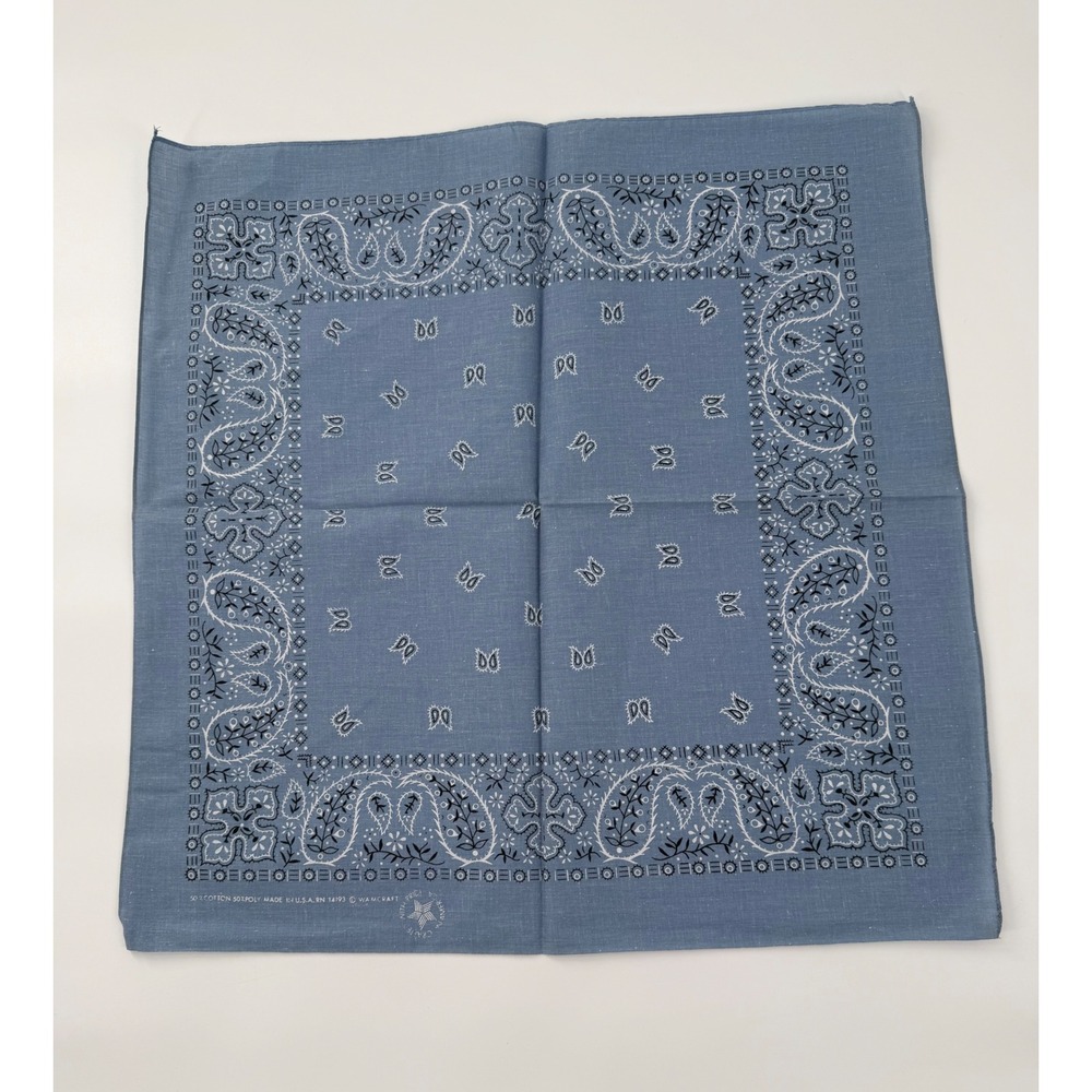 Vintage Wamcraft Bandana Made in USA Blue Paisley Cotton Poly Blend RN 14193